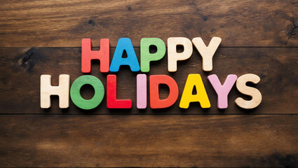 happy holidays word colorful wooden letters on plain white background
