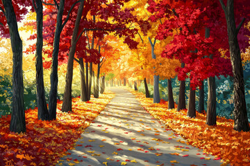 A vibrant autumn path lined with colorful trees and fallen leaves, inviting a peaceful stroll through nature's beauty.