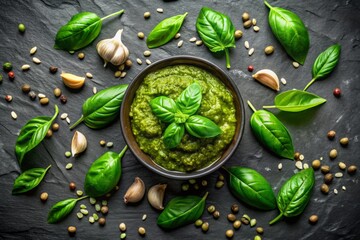 A heap of vibrant green pesto sitting atop a black background, with a few fresh basil leaves scattered around it