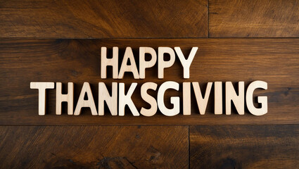 happy thanksgiving word brown wood letters on plain white background