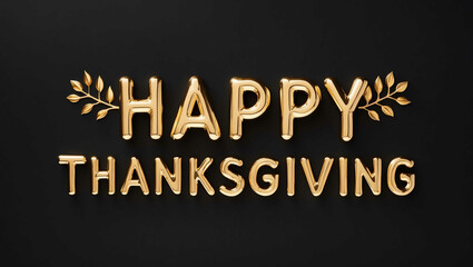 happy thanksgiving word gold metallic shiny lettering on plain black background