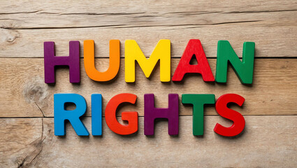 human rights word colorful wooden letters on plain white background