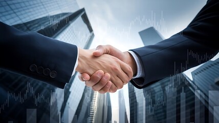 Dynamic business handshake on city background, symbolizing partnership and financial growth in the urban landscape.