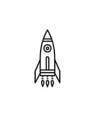 Editable stroke vector of a rocket ship with flames coming from the back.