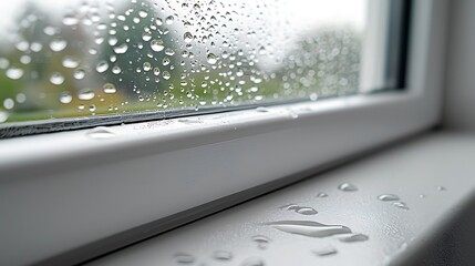 Close-up of raindrops on a windowsill, with a white frame and condensation on the wet glass.