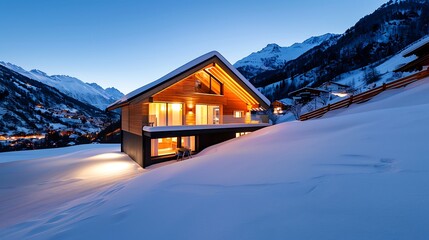 A traditional Swiss chalet nestled in a snowy Alpine landscape, exuding charm and warmth amidst the pristine winter scenery, 
