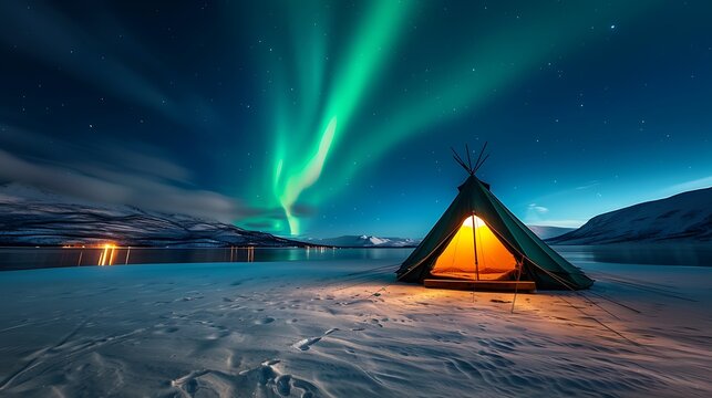A traditional Sami lavvu tent, set under the breathtaking northern lights in Lapland, offering a glimpse into the culture of the Arctic&rsquo;s indigenous people, 