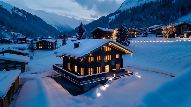 A traditional Swiss chalet nestled in a snowy Alpine landscape, exuding charm and warmth amidst the pristine winter scenery, 