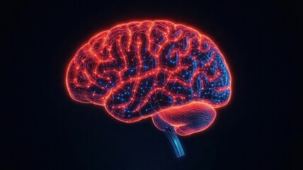 Abstract digital art of a brain composed of glowing bioneural networks and circuits, biomedicine, fusion of biology and tech