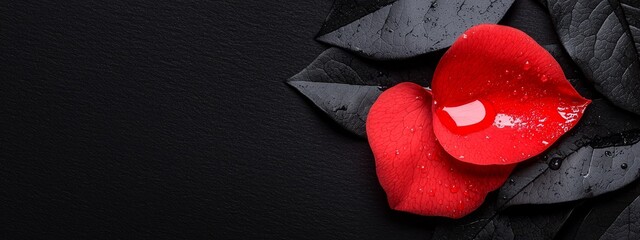  Red flower close-up against black backdrop with a dewdrop on petals..Or, for a more poetic touch:..Intimate image of a red