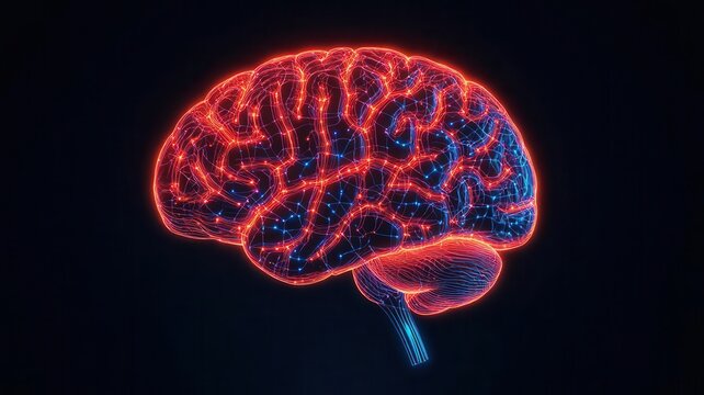 Abstract digital art of a brain composed of glowing bioneural networks and circuits, biomedicine, fusion of biology and tech