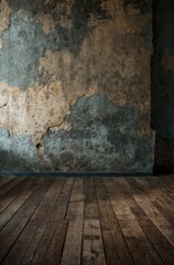 Fototapeta premium Faded paint and weathered cracks adorn textured walls above wooden floor 