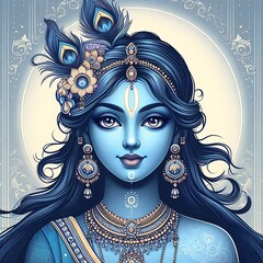 Radha with Blue Skin on a Light Background, Celebrating the Birth of Krishna, the Eighth Avatar of Vishnu, for Shree Krishna Janmashtami
