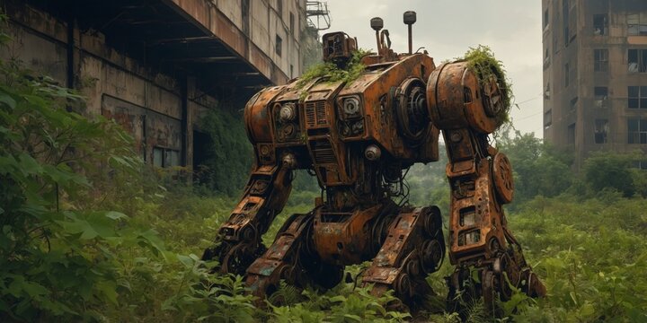 A time-worn mecha, covered in rust and overgrown with vines, stands in a barren wasteland.