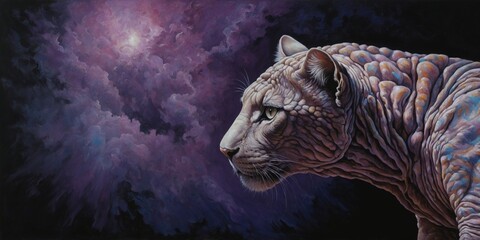 A strikingly vibrant sphinx with a mauve-tinted fur, its enigmatic gaze drawing you into the depths of its ancient wisdom.