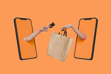 Hands coming out of smartphones exchanging shopping bag and credit card