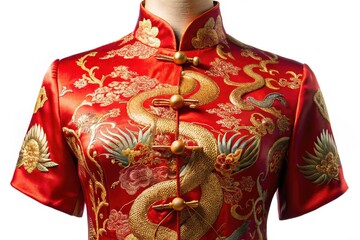 Vibrant red and gold intricately embroidered traditional Chinese silk cheongsam dress with dragon and phoenix motifs, adorned with delicate tassels and ornate silk buttons.