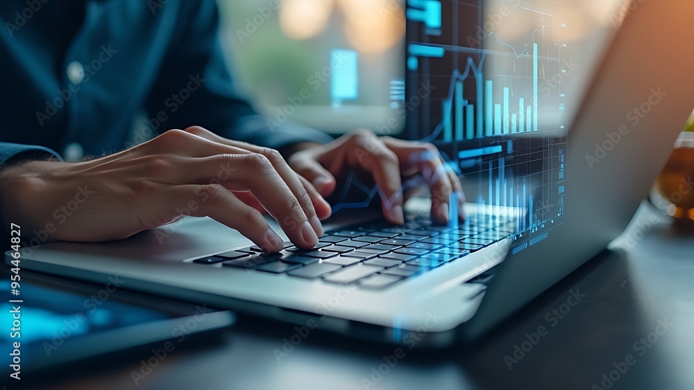 Poster close-up of hands typing on a laptop keyboard with digital graphics, charts, and numbers superimpose