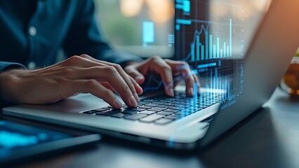 Close-up of hands typing on a laptop keyboard with digital graphics, charts, and numbers superimposed, representing technology, data analysis, and modern business concepts.