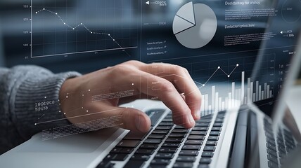 Close-up of hands typing on a laptop keyboard with digital graphics, charts, and numbers superimposed, representing technology, data analysis, and modern business concepts.