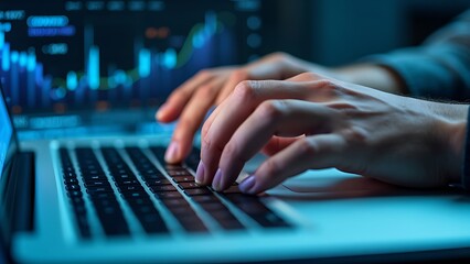 Close-up of hands typing on a laptop keyboard with digital graphics, charts, and numbers superimposed, representing technology, data analysis, and modern business concepts.