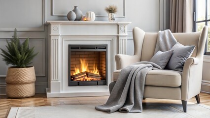 Cozy living room with a fireplace, comfortable chair, and warm ambiance on a gray background