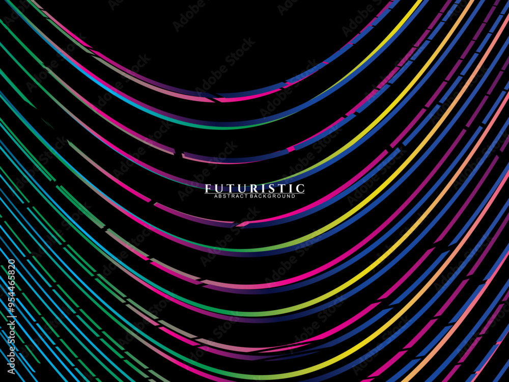 Fototapete futuristic abstract technology shining rainbow light lines on black background modern wave line patt