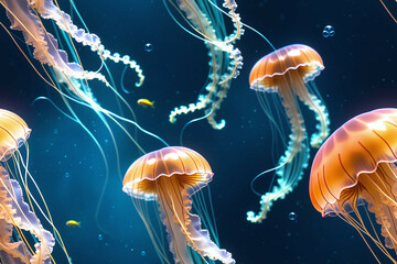 Underwater landscape with jellyfish. Seamless pattern. Digital illustration.