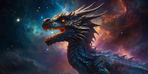 Amidst a swirling galaxy, a majestic cosmic dragon breathes vibrant swirls of stardust, its iridescent scales shimmering under the glow of distant stars.