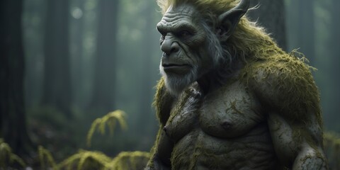 In a misty forest clearing, a majestic bioluminescent troll stands tall, its glowing fungus-covered skin casting an ethereal glow.