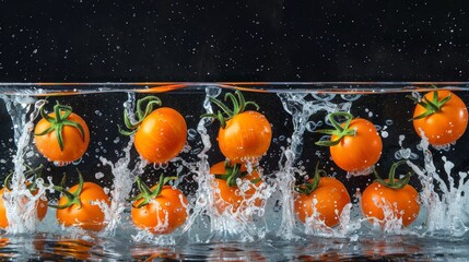 Vivid tomatoes splashing into clear water against a dark background for an eye catching visual