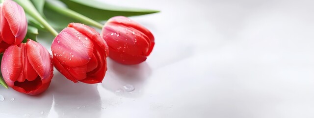  A red tulip arrangement on a white background, featuring wet petals and verdant leaves