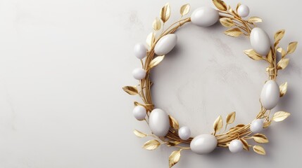 Elegant easter wreath: stylish arrangement featuring golden easter eggs and green leaves on a light background, perfect for spring celebrations and holiday decor


