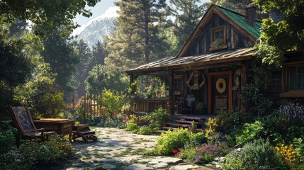Ultra-detailed depiction of a rustic cabin surrounded by nature, with a well-maintained