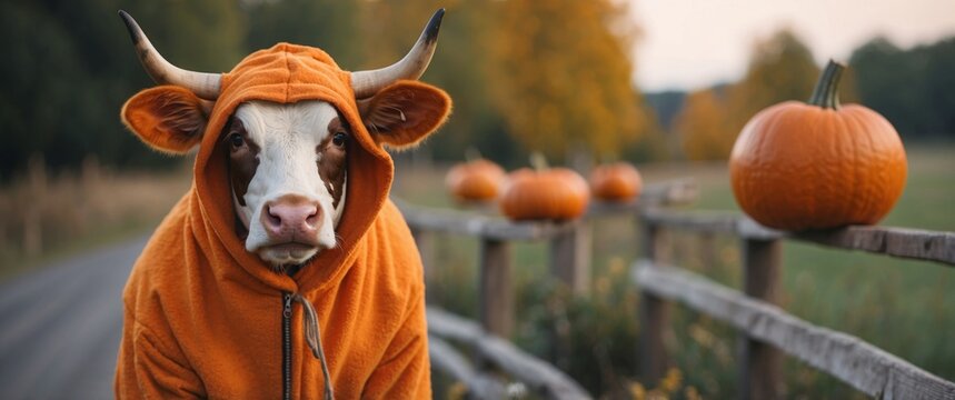 Cow dressed in pumpkin Halloween costume.