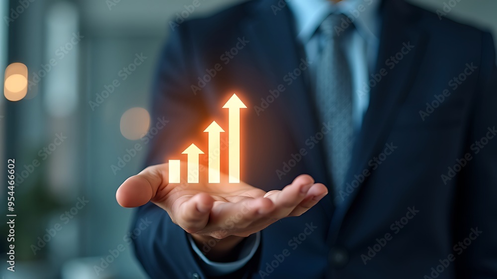 Canvas Prints A business professional in a suit presents a glowing holographic growth chart with upward arrows, symbolizing corporate success and futuristic data analysis. Ideal for business and technology themes.