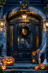Obraz premium ハロウィンの玄関デコレーション。飾り付けられたエントランスとランタンの光