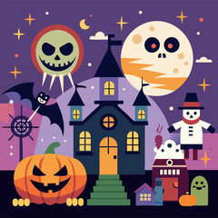 Halloween-themed vector art depicting a cup of coffee alongside whimsical pumpkins and cheerful ghosts