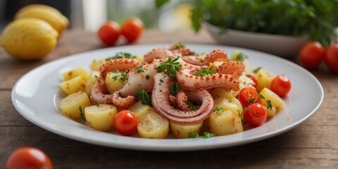 Octopus and potato salad served on a white plate with tomatoes and lemon slices.