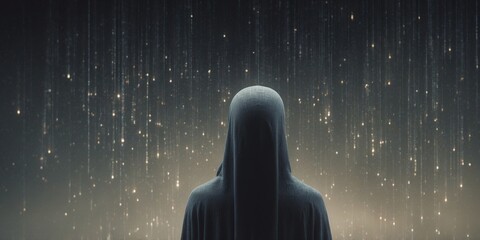 In the eerie, flickering glow of a fading AI dream sequence, a venerable figure shrouded in shadows stands amidst cascading lines of binary code that seem to pulse with an ominous energy.