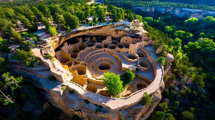 Traditional Pueblo cliff dwellings in Mesa Verde, Colorado, showcasing the ingenuity of ancient Native American architecture, 