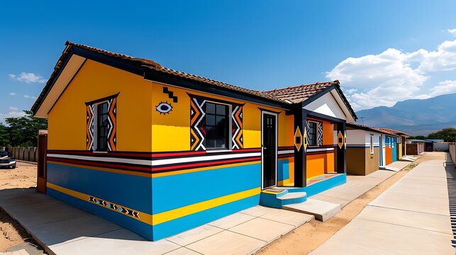 Traditional Ndebele painted houses, adorned with vibrant geometric patterns, celebrating the rich cultural heritage of the Ndebele people, 