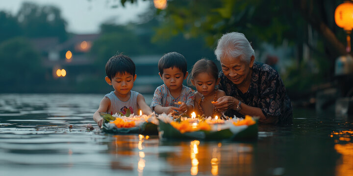 Asian family, including a grandmother and grandchildren, are carefully placing krathong decorated with flowers and candles into a river at night. festival Loy Krathong. Banner