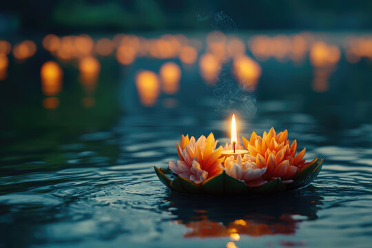 Krathong made from banana leaves, adorned with flowers, candles, incense sticksfloating on a river at night during loy krathong festival in thailand with many krathongs in background. Banner