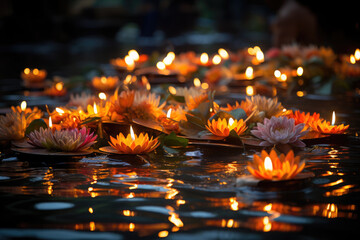 Krathong made from banana leaves, adorned with flowers, candles, incense sticksfloating on a river at night during loy krathong festival in thailand with many krathongs in background. Banner