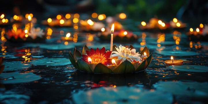 Krathong made from banana leaves, adorned with flowers, candles, incense sticksfloating on a river at night during loy krathong festival in thailand with many krathongs in background. Banner