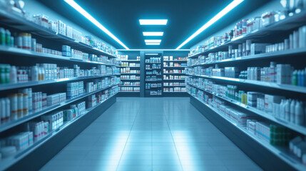 Fototapeta premium Ultra-detailed image of a retail pharmacy aisle, with rows of health products perfectly