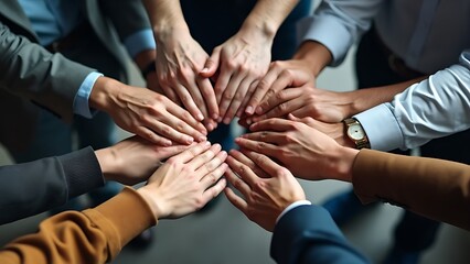 Teamwork and partnership concept with diverse hands united for success. Symbolizing unity, collaboration, and mutual support in achieving common goals.