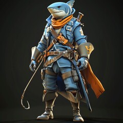 Fototapeta premium Anthropomorphic Shark Character in a Blue Outfit