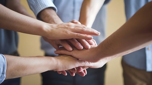Teamwork and partnership concept with diverse hands united for success. Symbolizing unity, collaboration, and mutual support in achieving common goals.